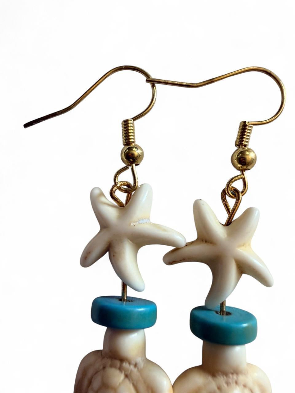 Handcrafted Cream Starfish & Sea Turtle Beaded Dangle Earrings
