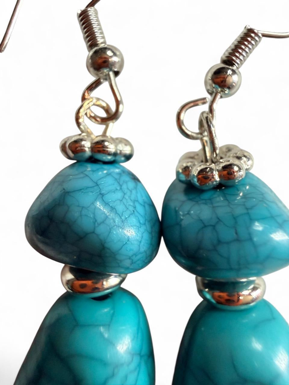 Chunky Turquoise Crackle Nugget Dangle Earrings - Boho Statement - Handmade