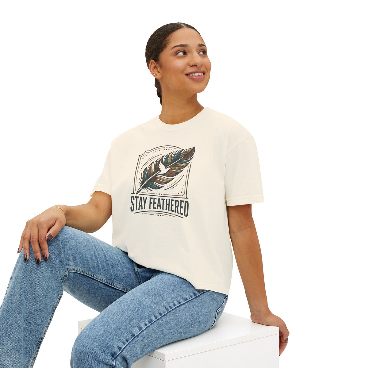 Stay Feathered Women's Boxy Tee — Boho Feather Graphic Tee