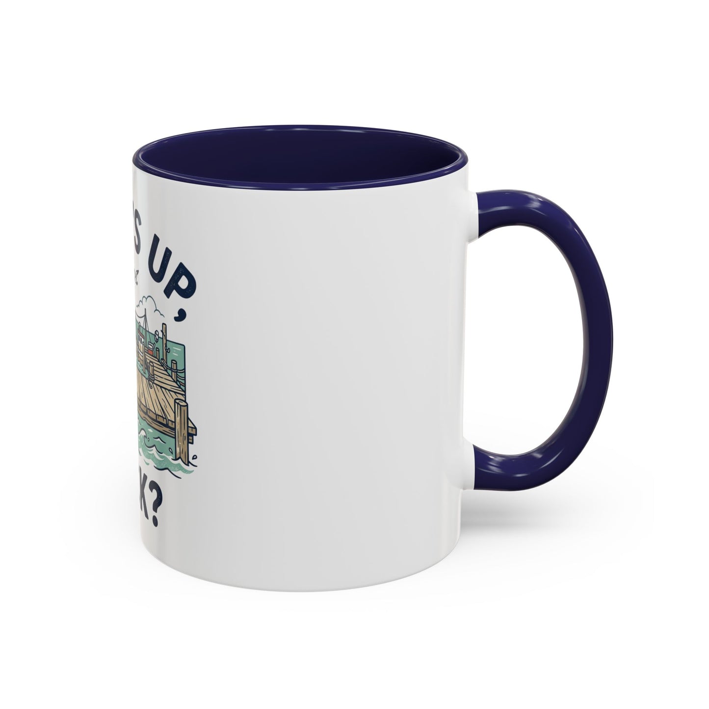 "What's Up, Dock?" Nautical Coffee Mug — Harbor Pier Boat Illustration (11/15 oz)