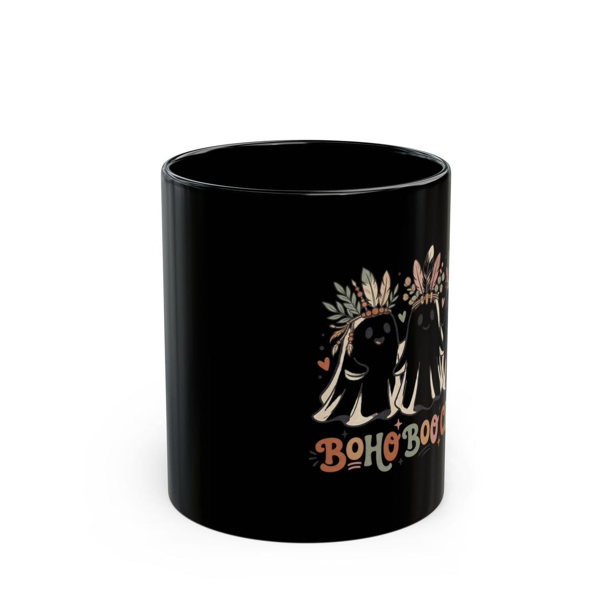 Boho Boo Crew Black Mug – Cute Ghosts with Feather Crowns (11oz & 15oz)