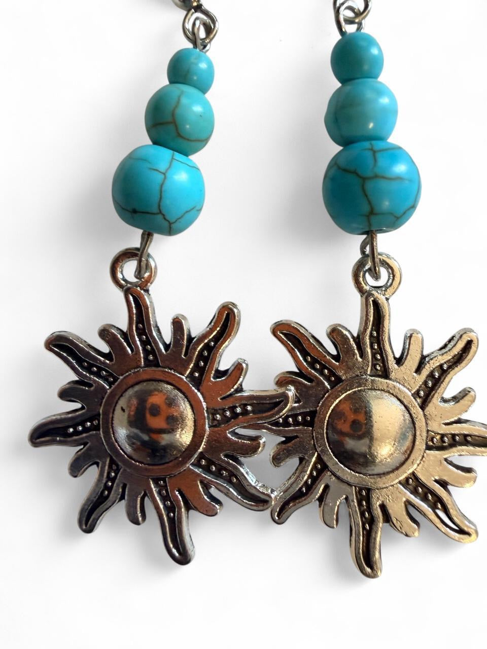 Handcrafted Turquoise Beaded Celestial Sun Dangle Earrings