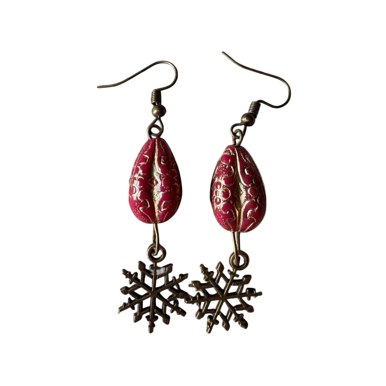 Cranberry Red Teardrop & Antique Brass Snowflake Dangle Earrings – Handmade Winter Jewelry