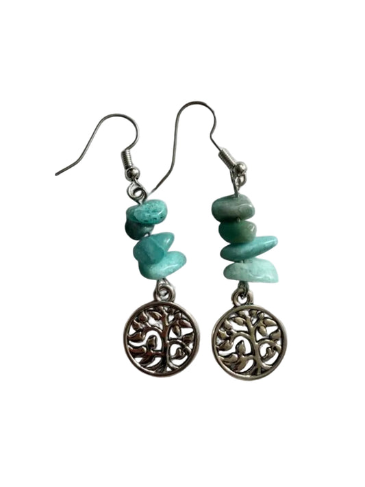 Tree of Life Amazonite Chip Earrings | Boho Handmade Dangle Earrings