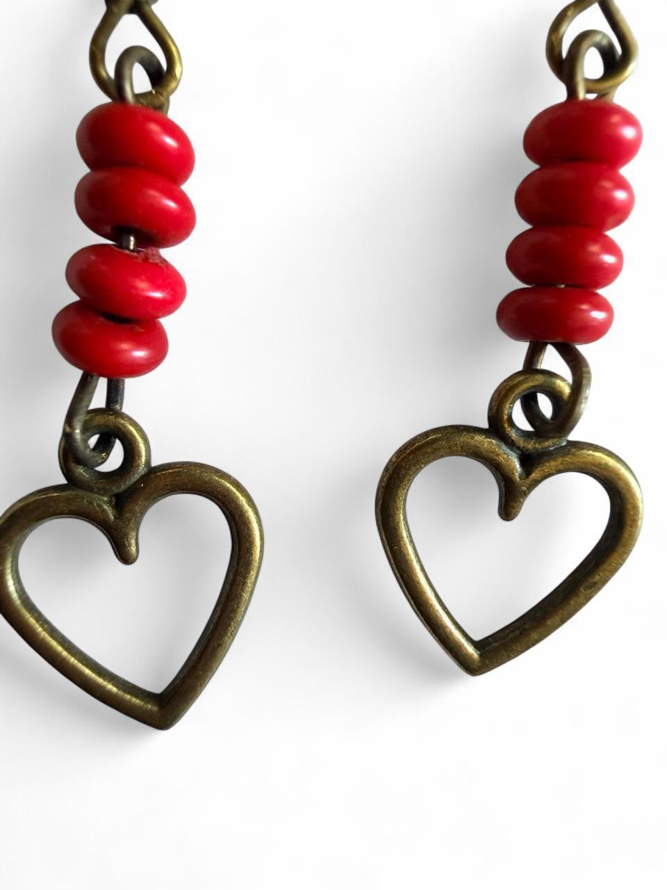 Handmade Red Heart Drop Earrings – Bronze & Coral Beads