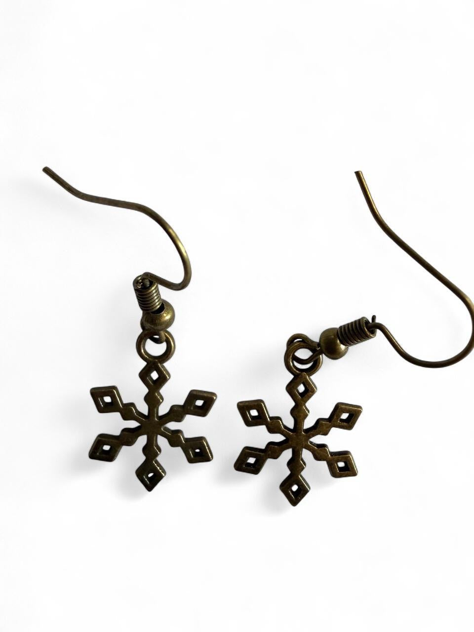 Handmade Bronze Snowflake Earrings – Winter Snow Dangles
