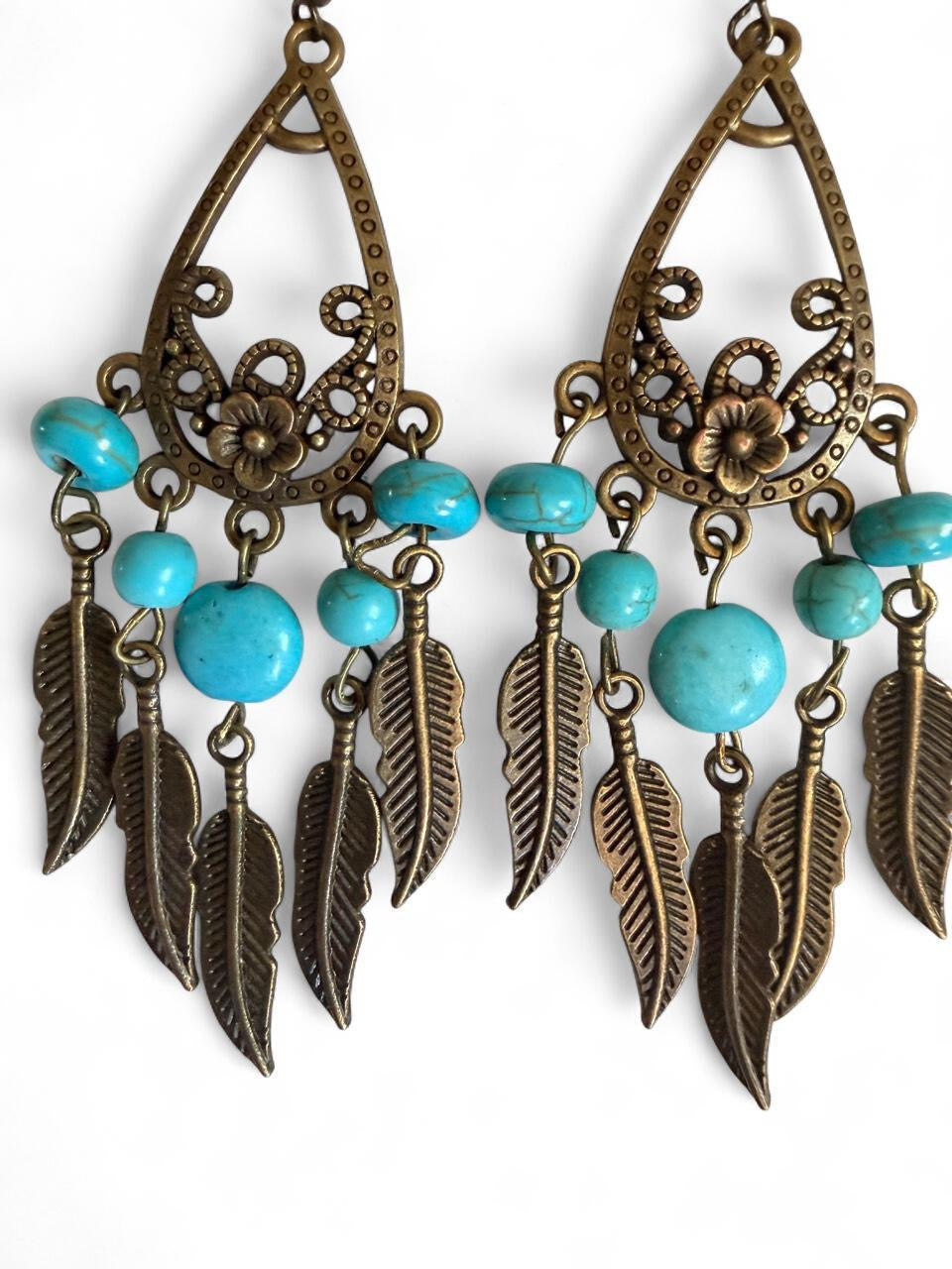 Harvest Souls – Turquoise Teardrop & Feather Cascade Earrings