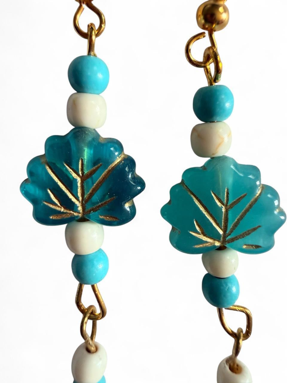 Handmade Turquoise & White Leaf Beaded Dangle Earrings