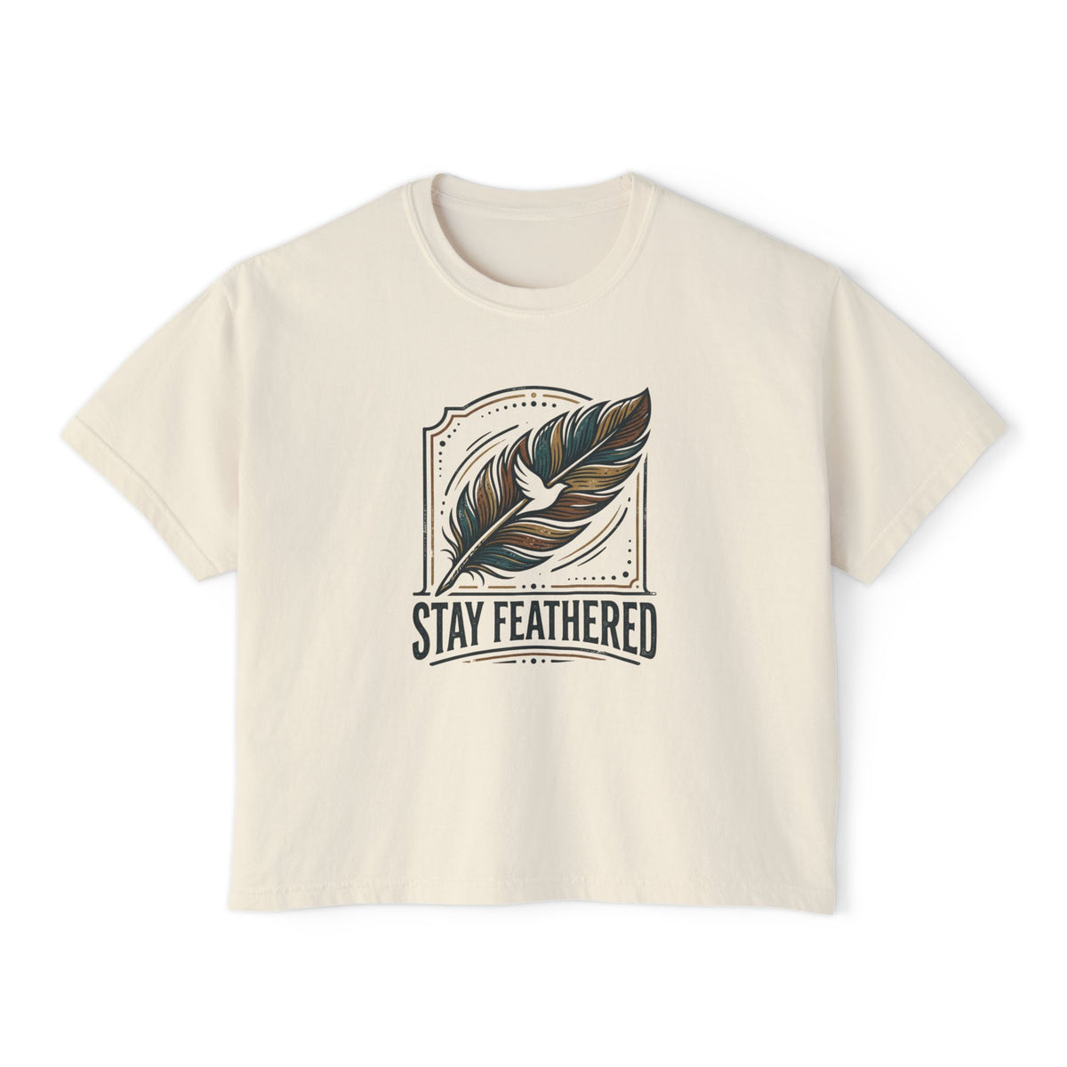 Stay Feathered Women's Boxy Tee — Boho Feather Graphic Tee