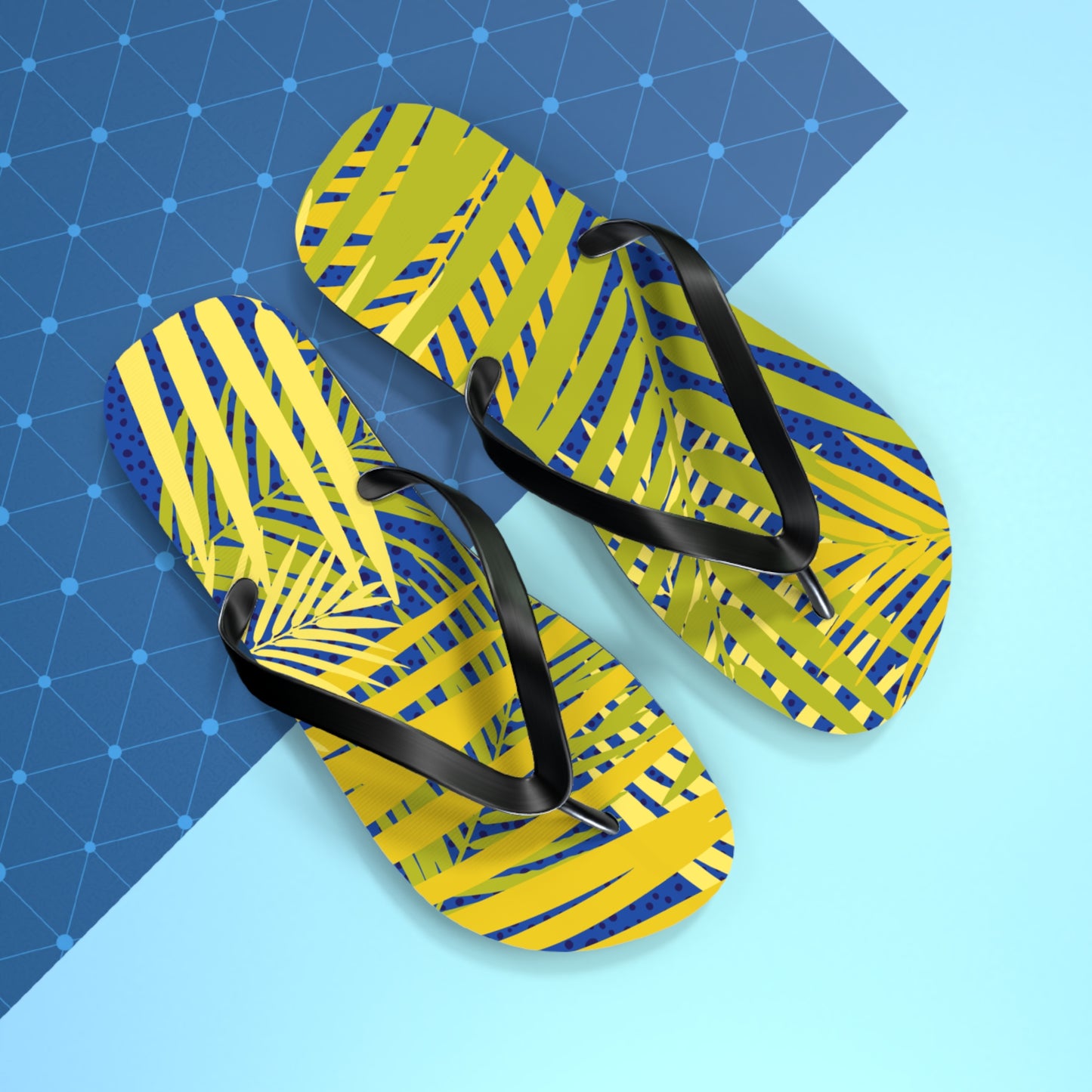 Tropical Palm Print Flip Flops — Yellow & Blue Beach Sandals