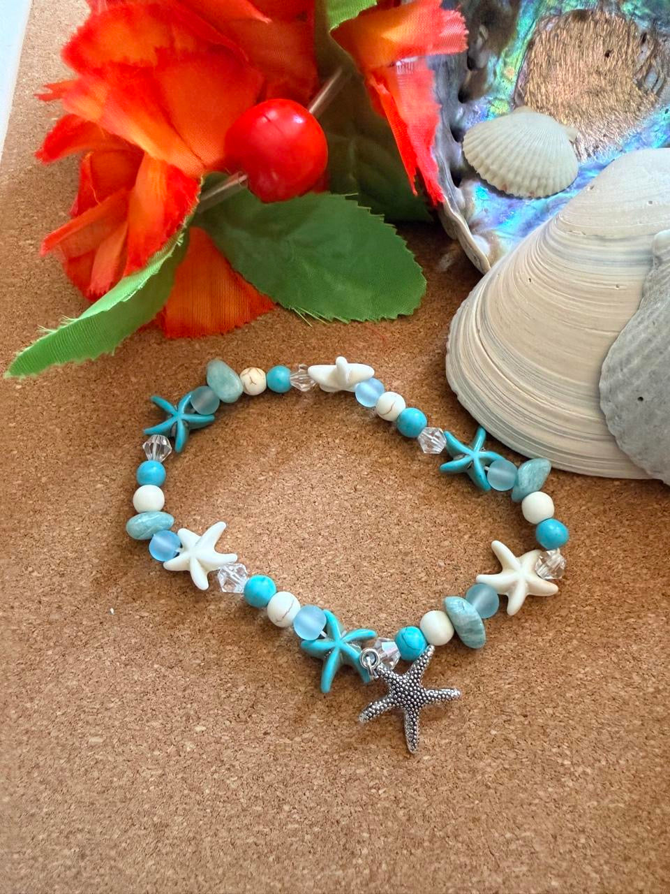 Handcrafted Turquoise & Sea Glass Style Starfish Charm Coastal Anklet
