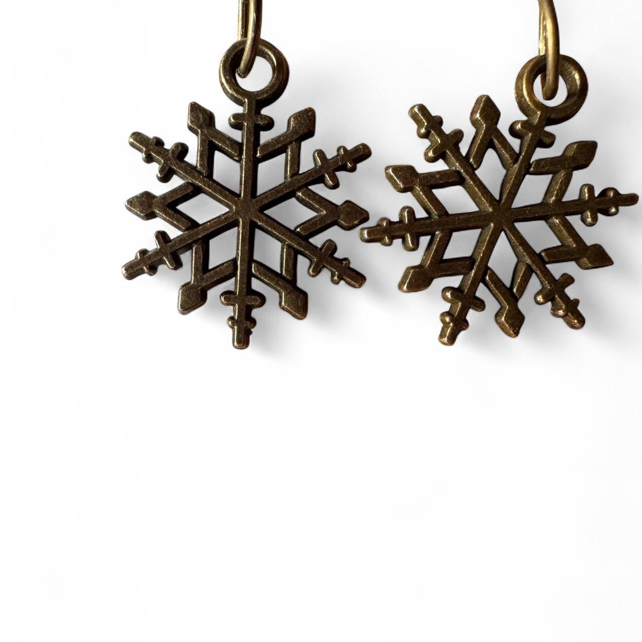 Cranberry Red Teardrop & Antique Brass Snowflake Dangle Earrings – Handmade Winter Jewelry