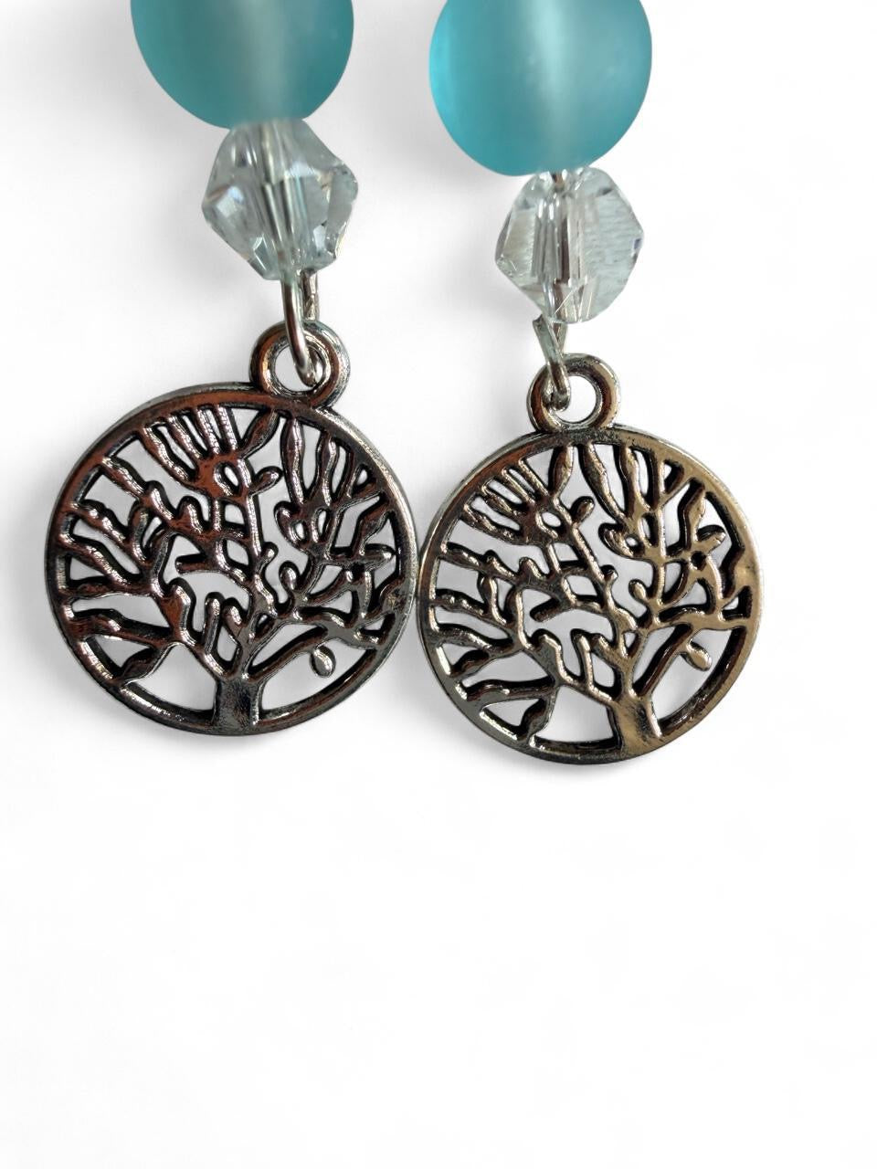 Tree of Life Dangle Earrings - Blue Frosted Bead