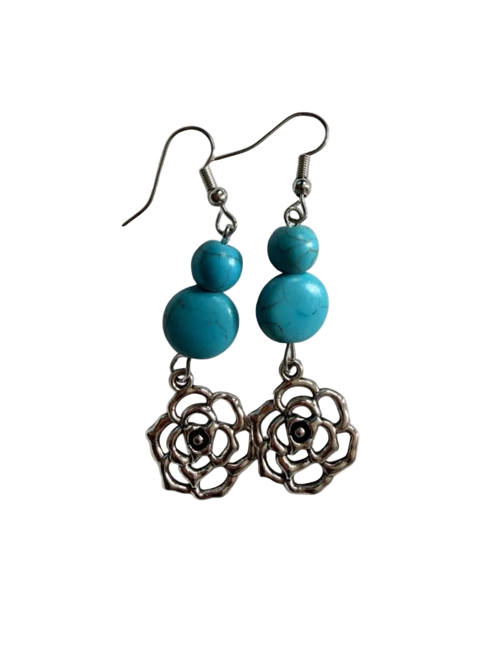 Handmade Turquoise Style Bead Flower Drop Earrings in Antique Silver