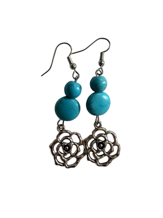 Handmade Turquoise Style Bead Flower Drop Earrings in Antique Silver