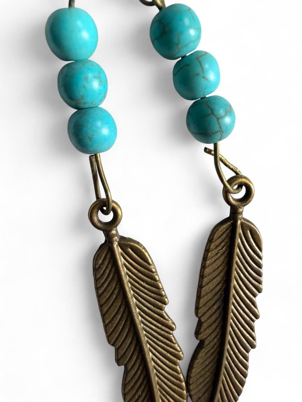Handmade Bronze Feather Turquoise Beaded Dangle Earrings