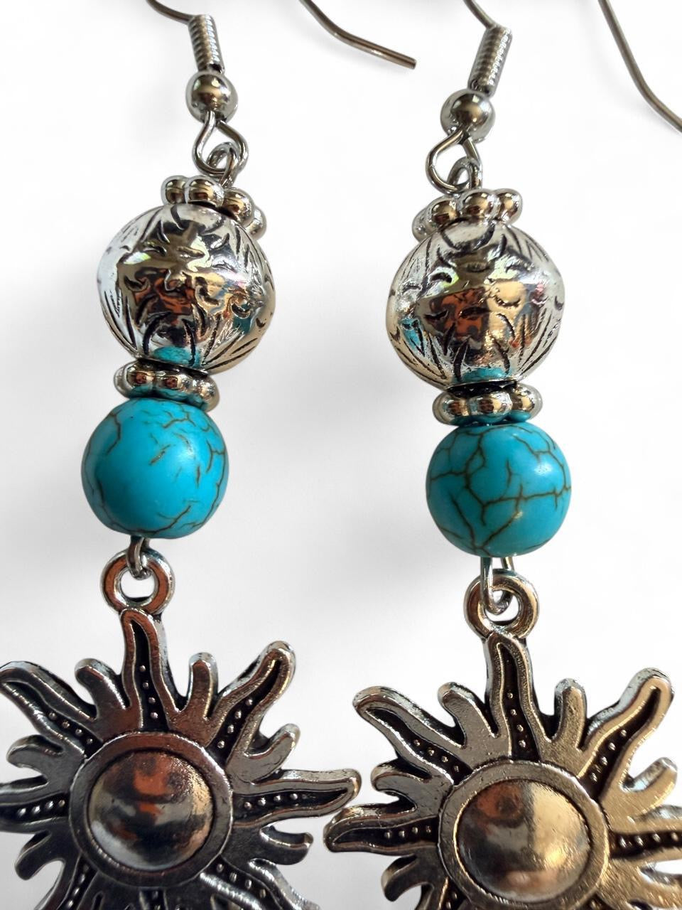 Handcrafted Antique Silver & Turquoise Beaded Celestial Sun Dangle Earrings