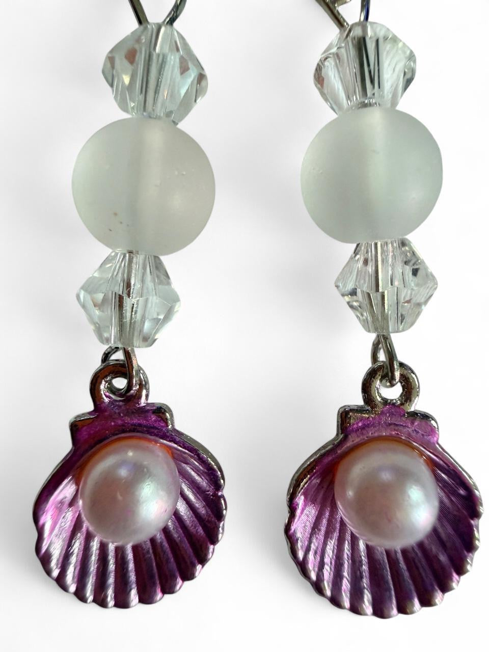 Handcrafted Purple Seashell & Pearl Style Dangle Earrings