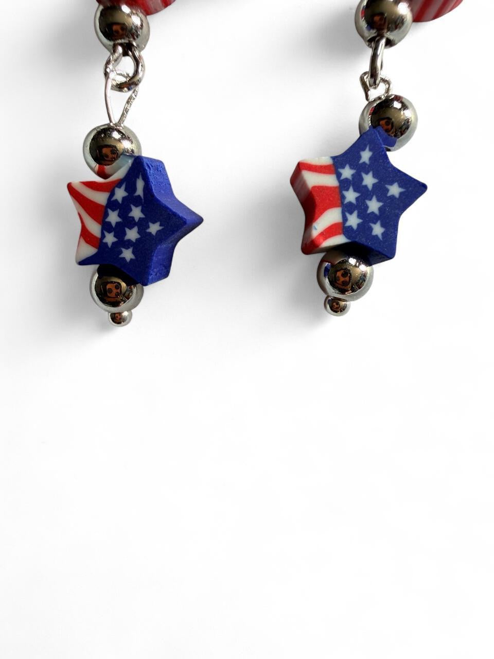 Handmade Patriotic Stacked Flag Bead Dangle Earrings | Red White & Blue Star Drops