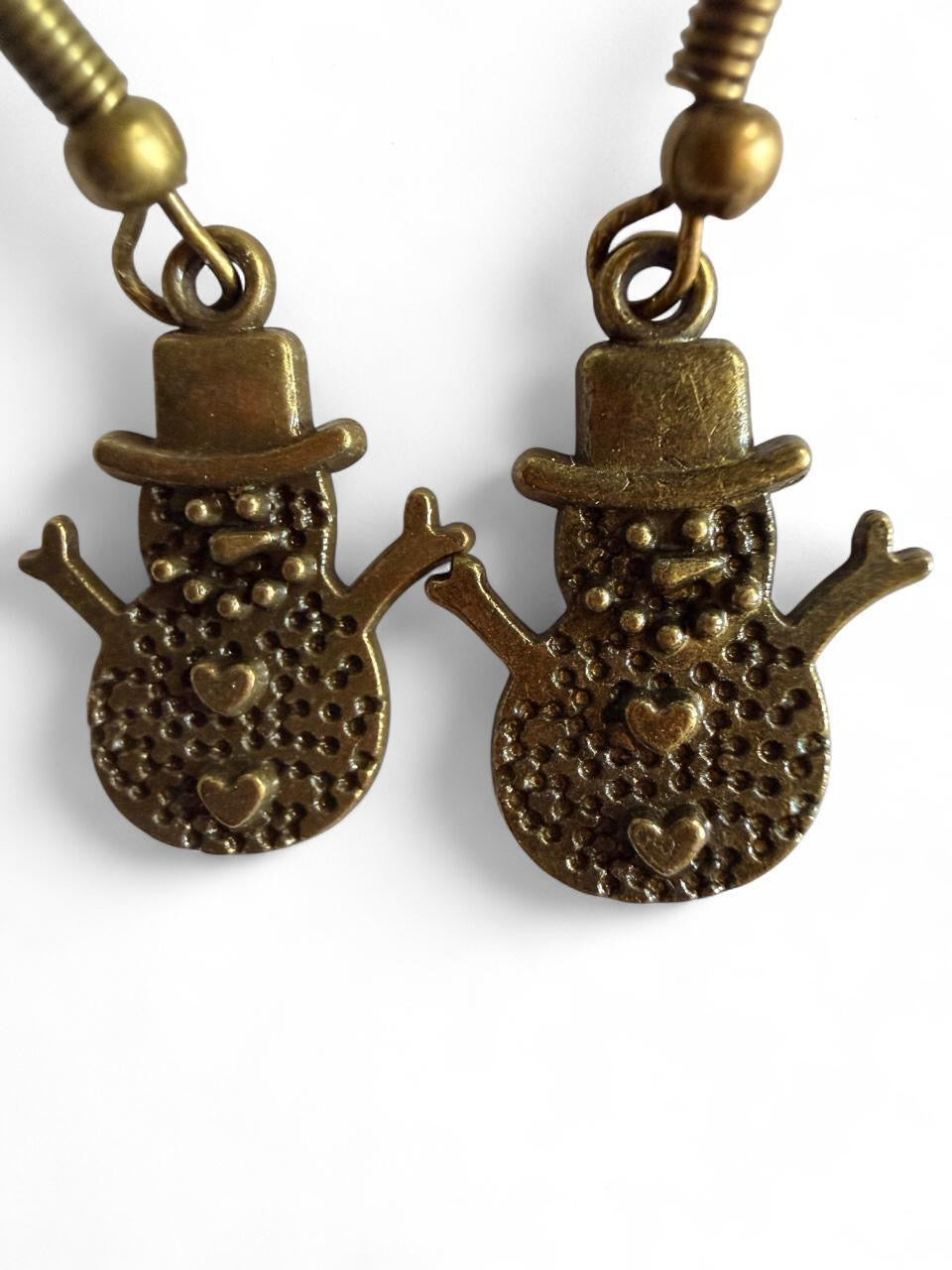 Handmade Bronze Snowman Earrings – Cute Winter Holiday Jewelry