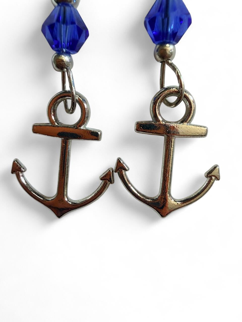 End of Summer Americana Silver Anchor Earrings - Royal Blue Nautical Dangle