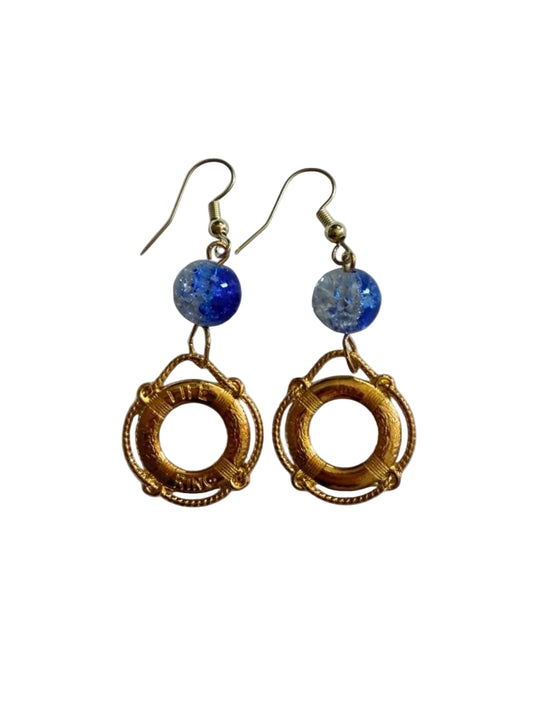 End of Summer Americana Gold Life Ring Earrings - Blue Crackle Nautical Dangle