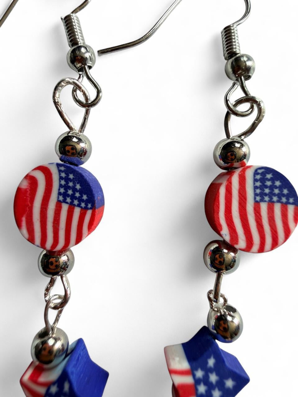 Handmade Patriotic Stacked Flag Bead Dangle Earrings | Red White & Blue Star Drops