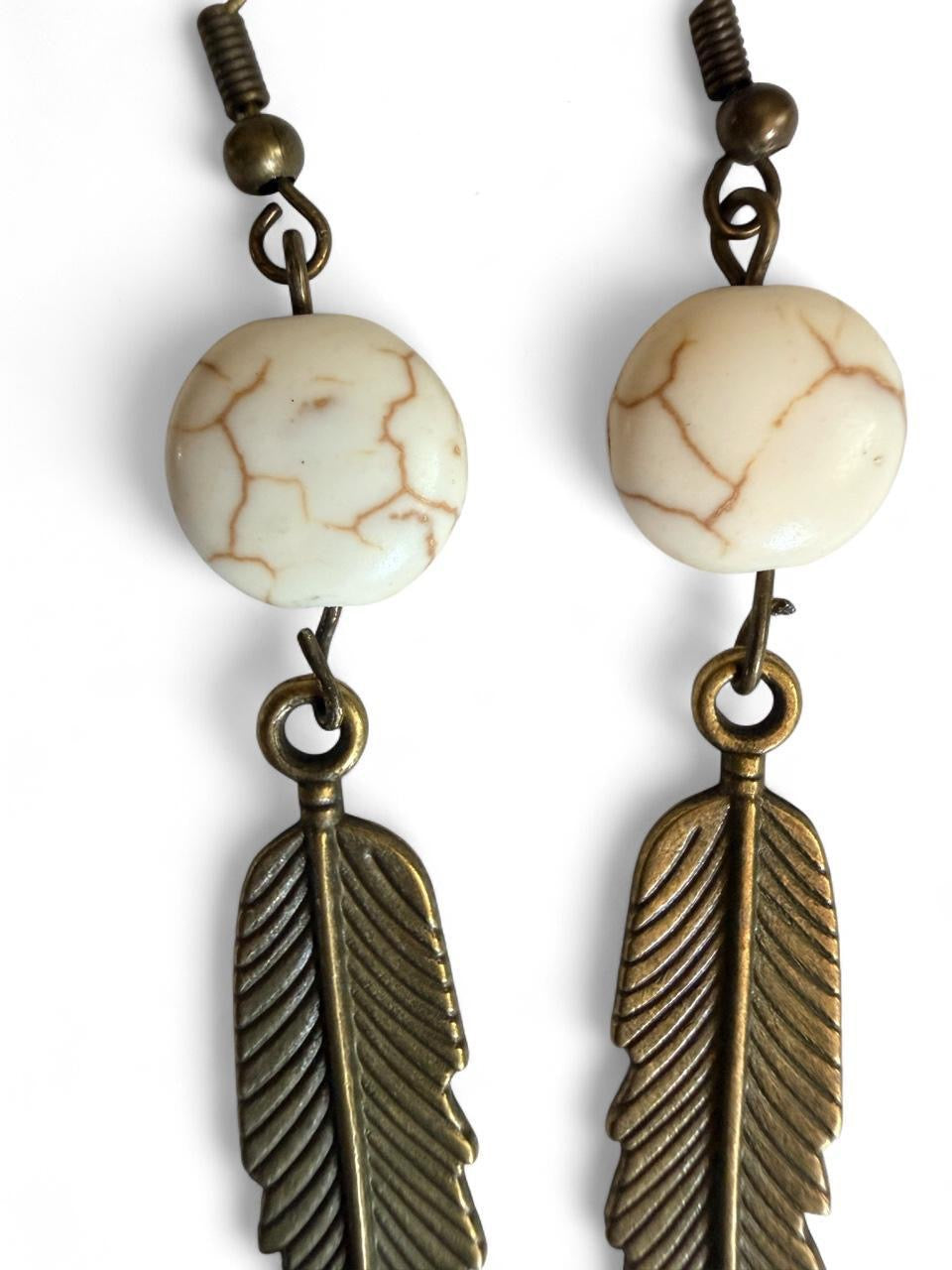 Harvest Souls – Howlite Vein & Bronze Feather Earrings