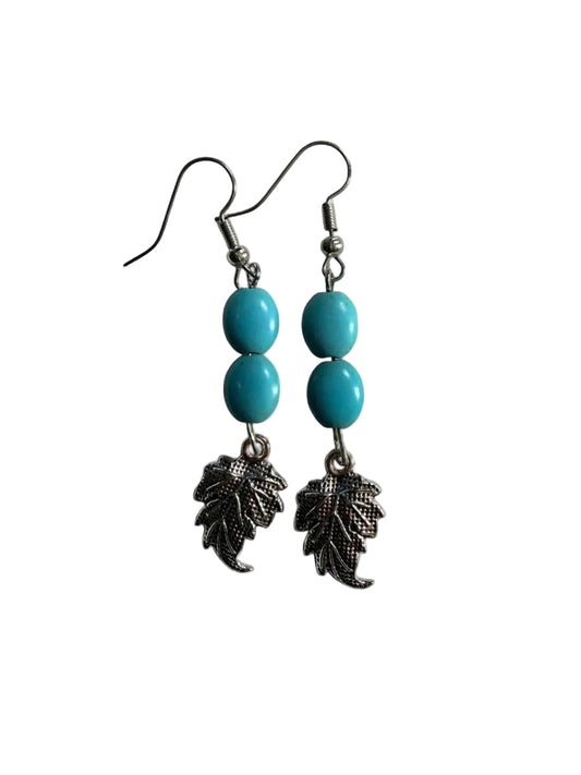 Handmade Turquoise Bead & Leaf Dangle Earrings