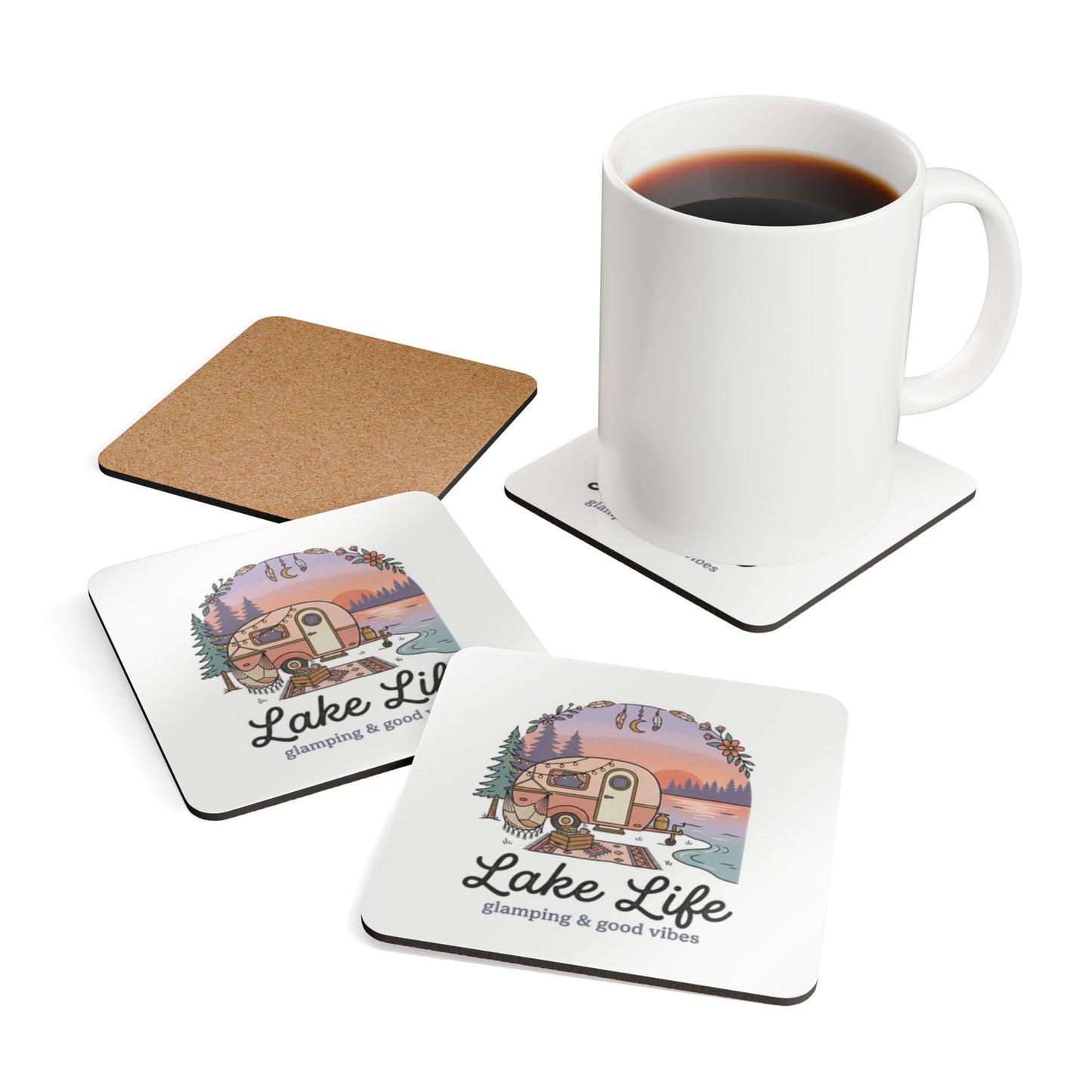 Lake Life Cork Coaster Set – 'Lake Life: glamping & good vibes' Camper Coasters