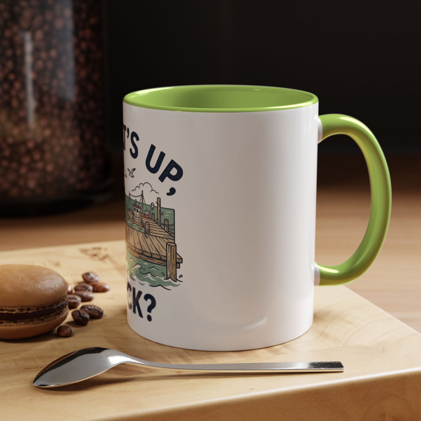 "What's Up, Dock?" Nautical Coffee Mug — Harbor Pier Boat Illustration (11/15 oz)