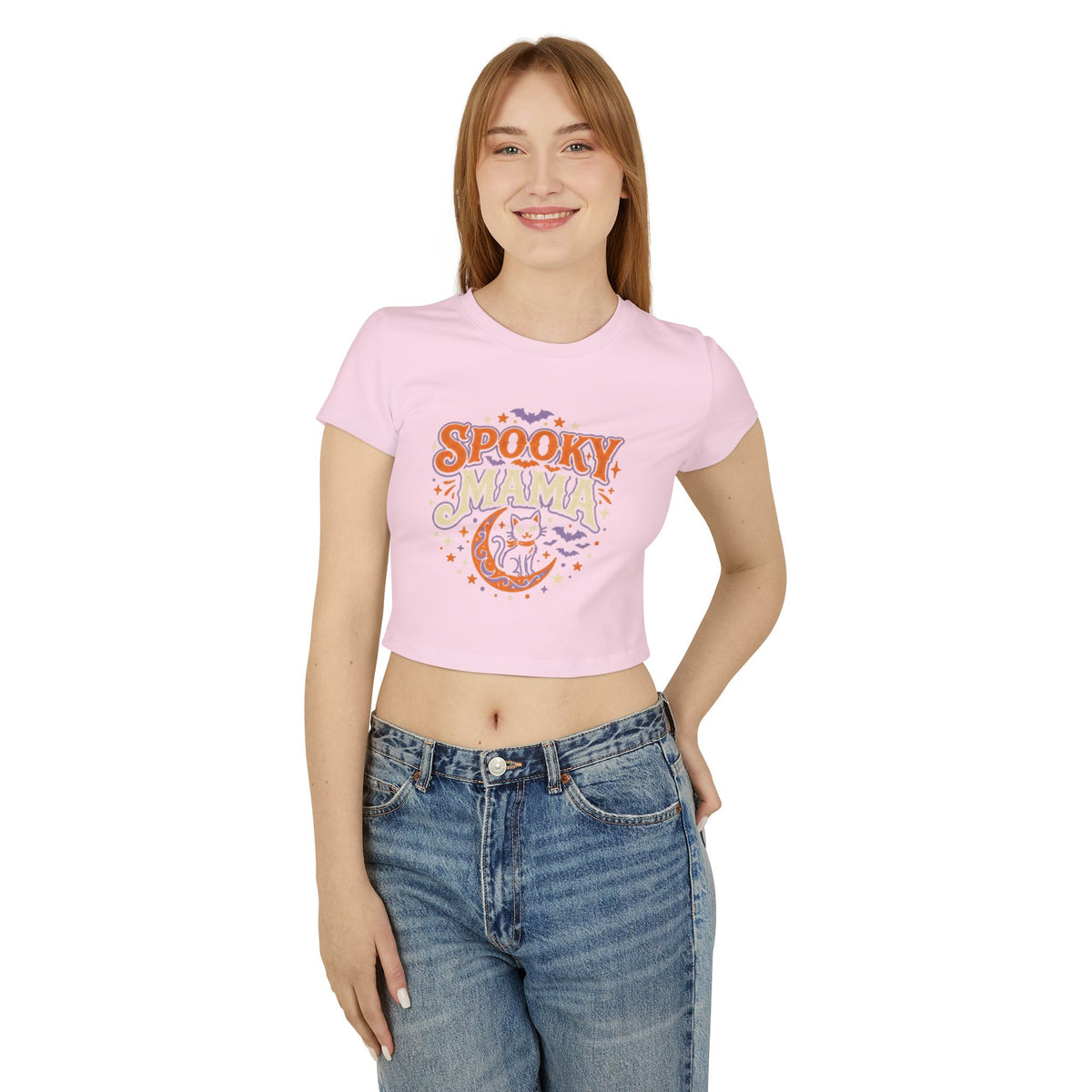 Spooky Mama Baby Tee — Halloween Cat Moon Graphic Crop Top
