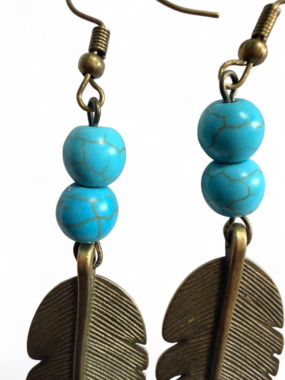 Handmade Turquoise Bead & Large Feather Dangle Earrings