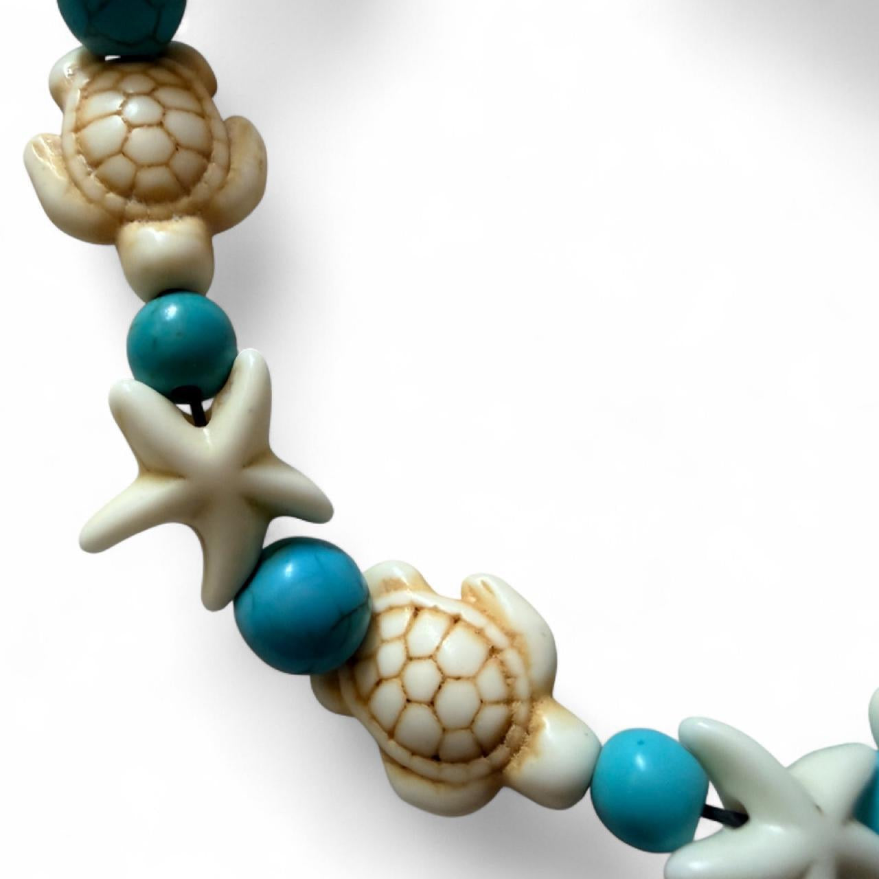 Handcrafted Turquoise Beaded Sea Turtle & Starfish Coastal Anklet
