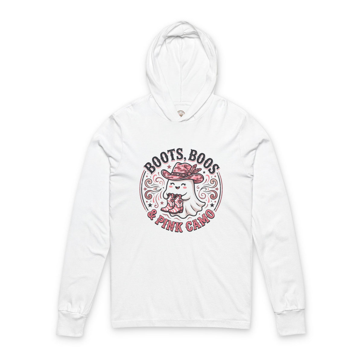 Boots, Boos & Pink Camo Hooded Tee — Cute Ghost Graphic Long-Sleeve Hoodie Shirt