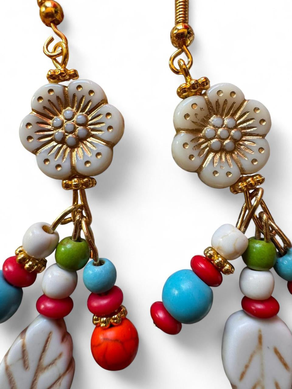 Handmade Colorful Boho Flower & Leaf Beaded Dangle Earrings – Gold Tone