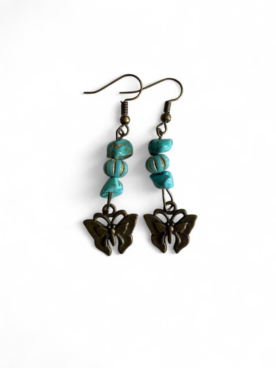 Handmade Turquoise Butterfly Dangle Earrings | Boho Bronze Jewelry