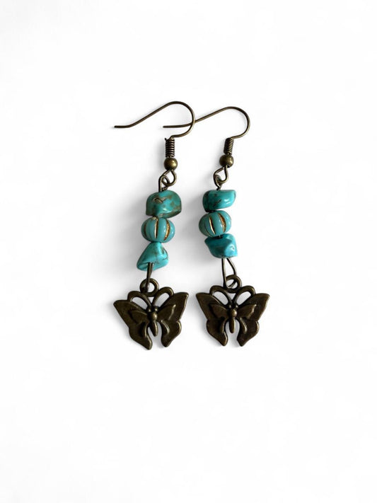 Handmade Turquoise Butterfly Dangle Earrings | Boho Bronze Jewelry