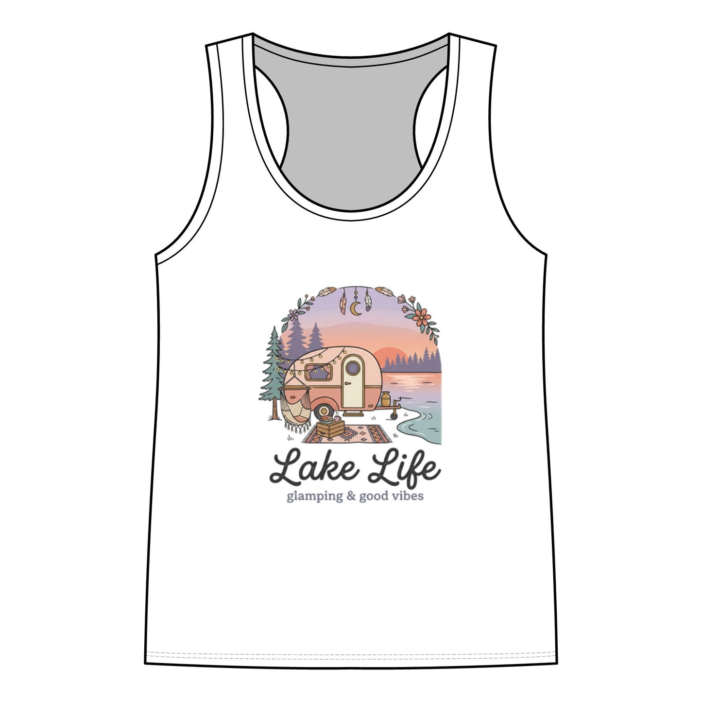 Lake Life Racerback Tank — 'Lake Life: glamping & good vibes' Graphic Women's Tank Top