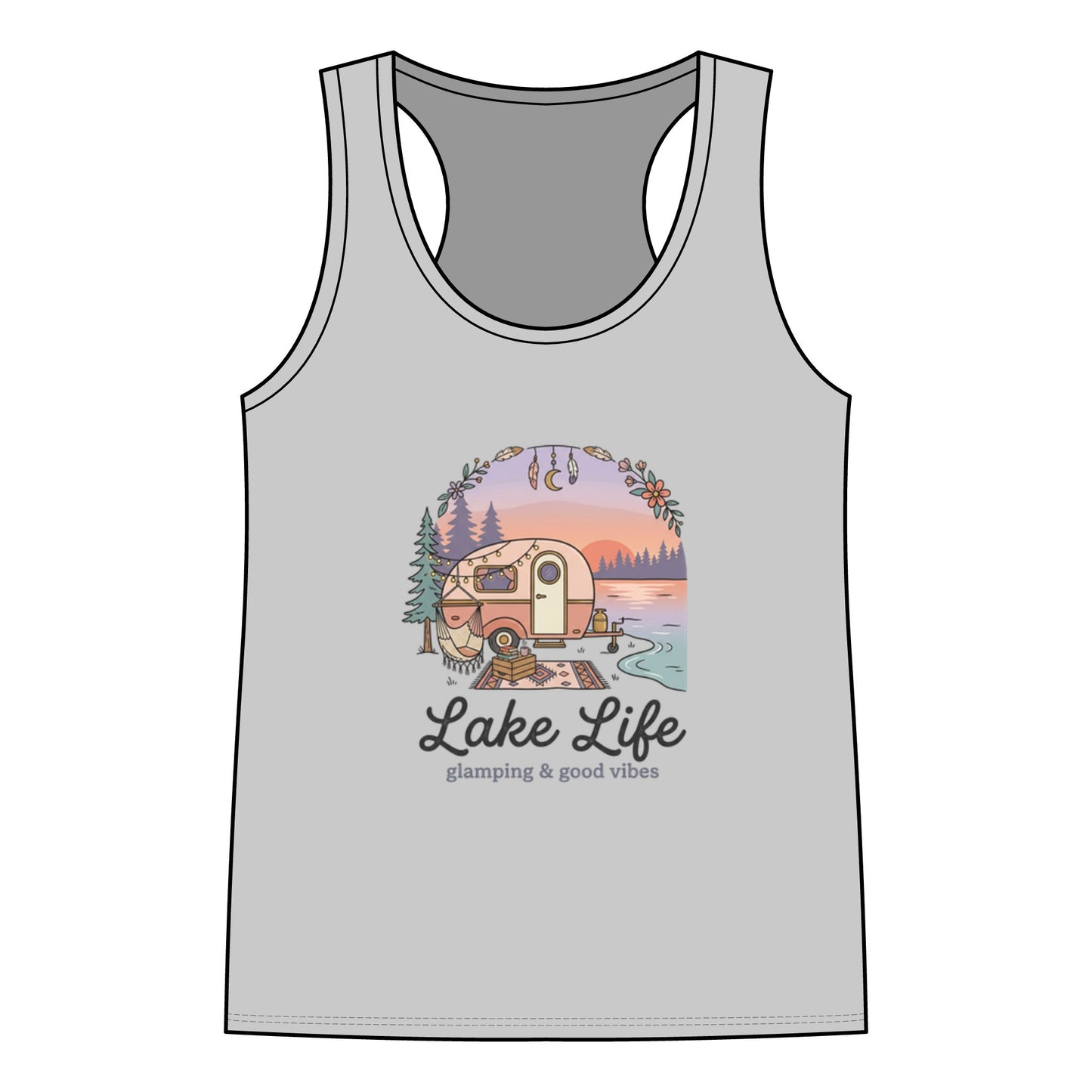 Lake Life Racerback Tank — 'Lake Life: glamping & good vibes' Graphic Women's Tank Top