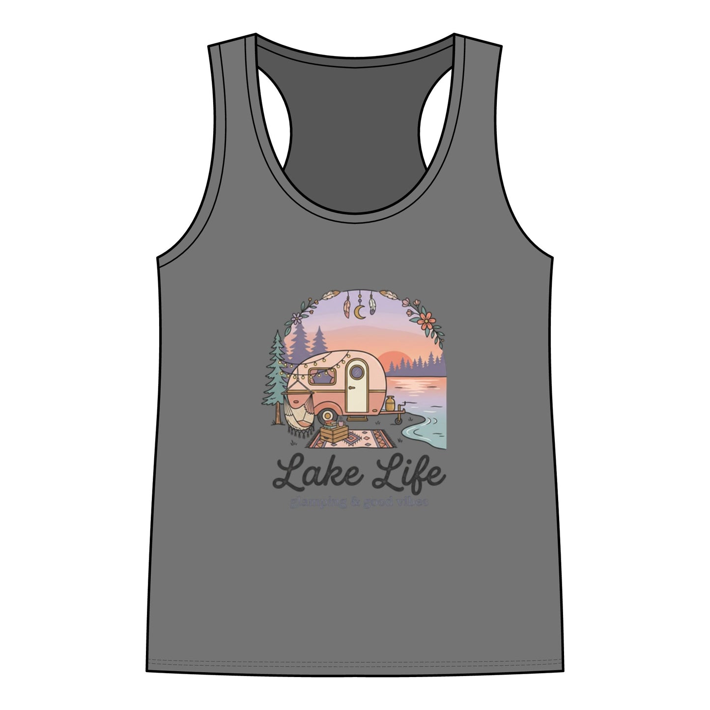 Lake Life Racerback Tank — 'Lake Life: glamping & good vibes' Graphic Women's Tank Top