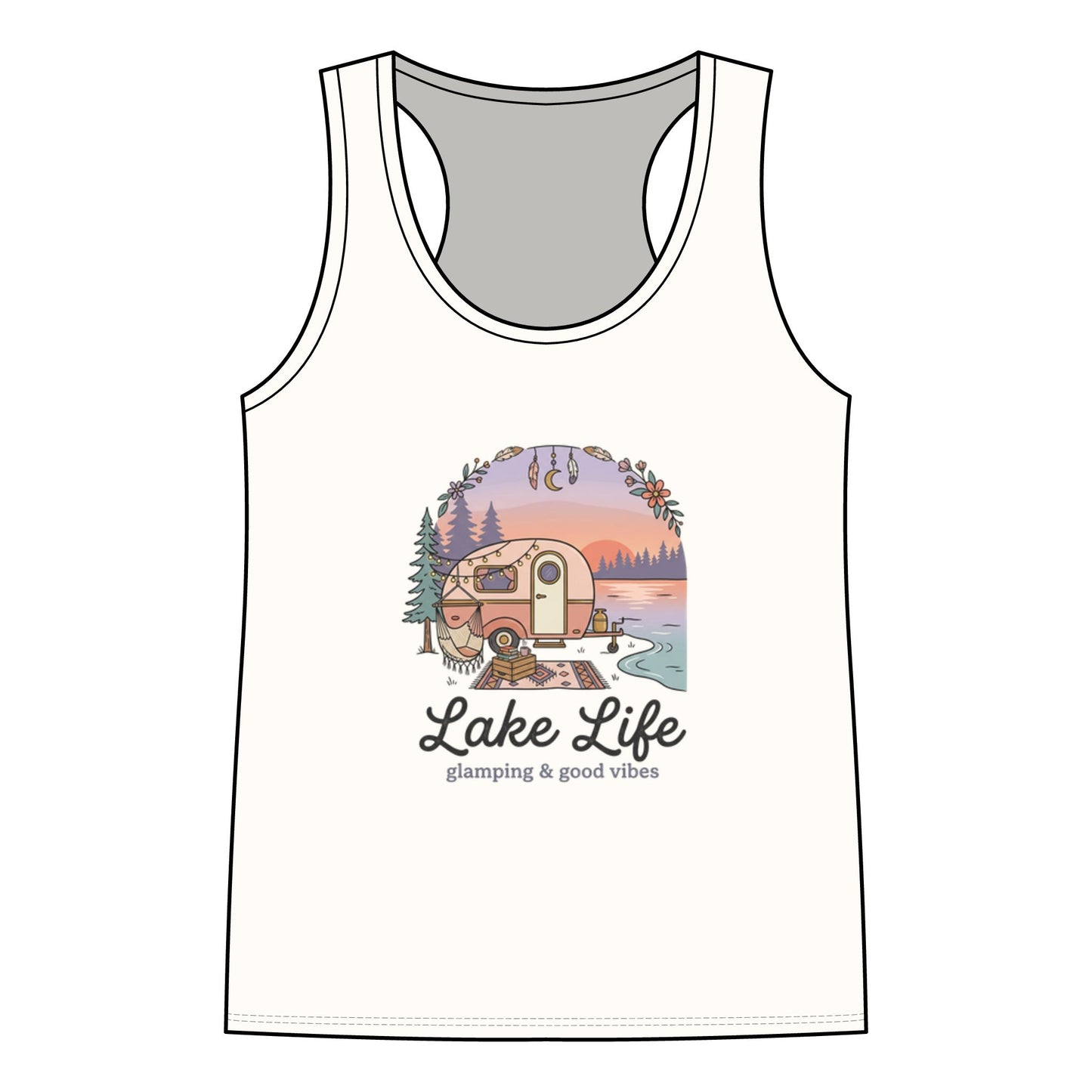 Lake Life Racerback Tank — 'Lake Life: glamping & good vibes' Graphic Women's Tank Top