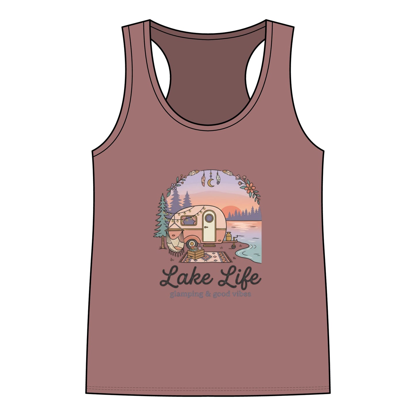 Lake Life Racerback Tank — 'Lake Life: glamping & good vibes' Graphic Women's Tank Top