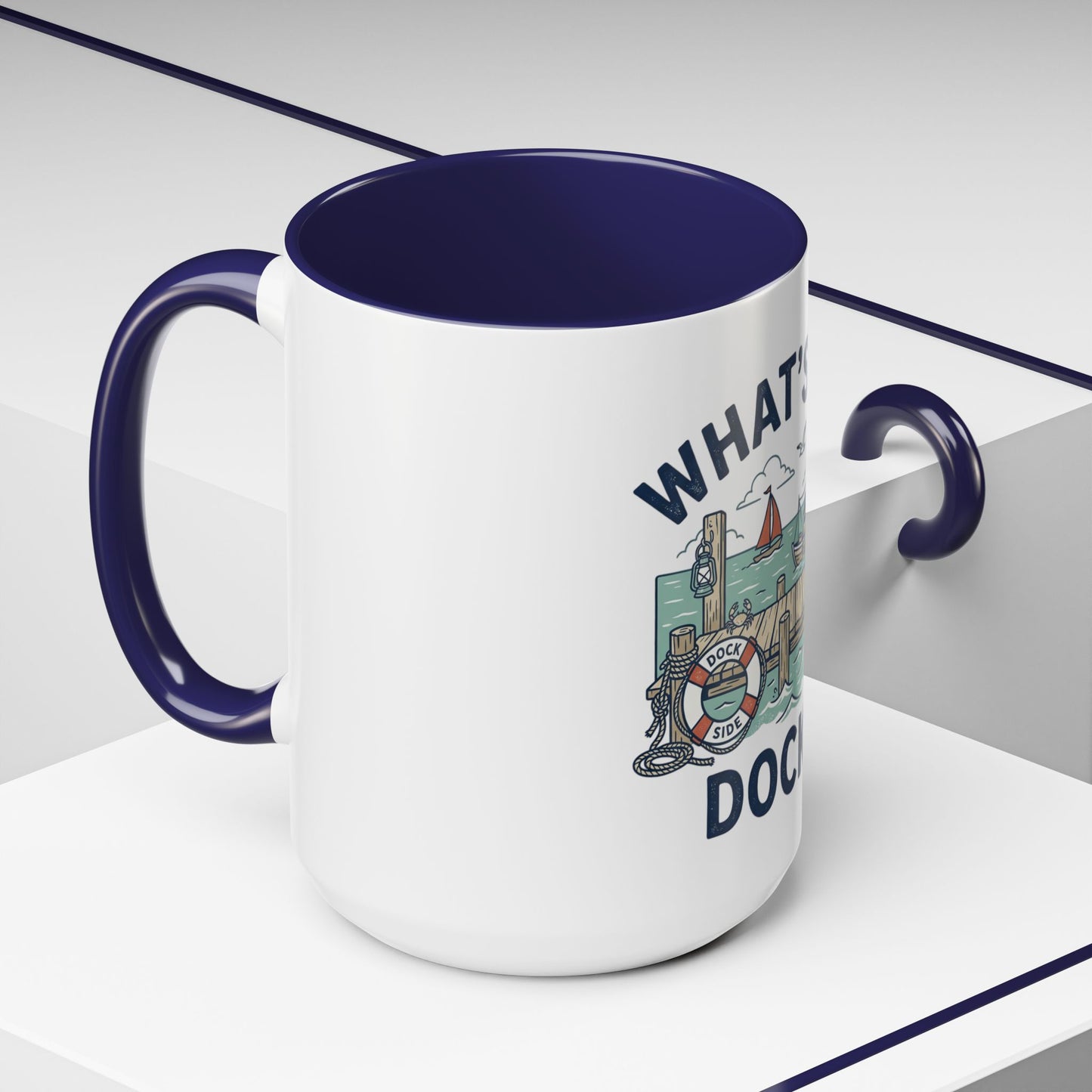 "What's Up, Dock?" Nautical Coffee Mug — Harbor Pier Boat Illustration (11/15 oz)