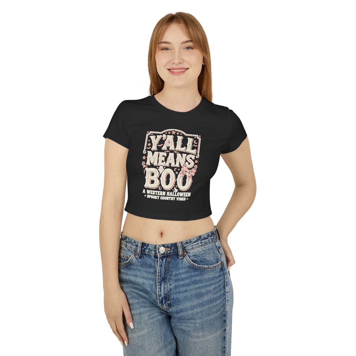 Halloween "Fall Means Boo" Women's Crop Tee — Cute Spooky Fall Graphic Shirt