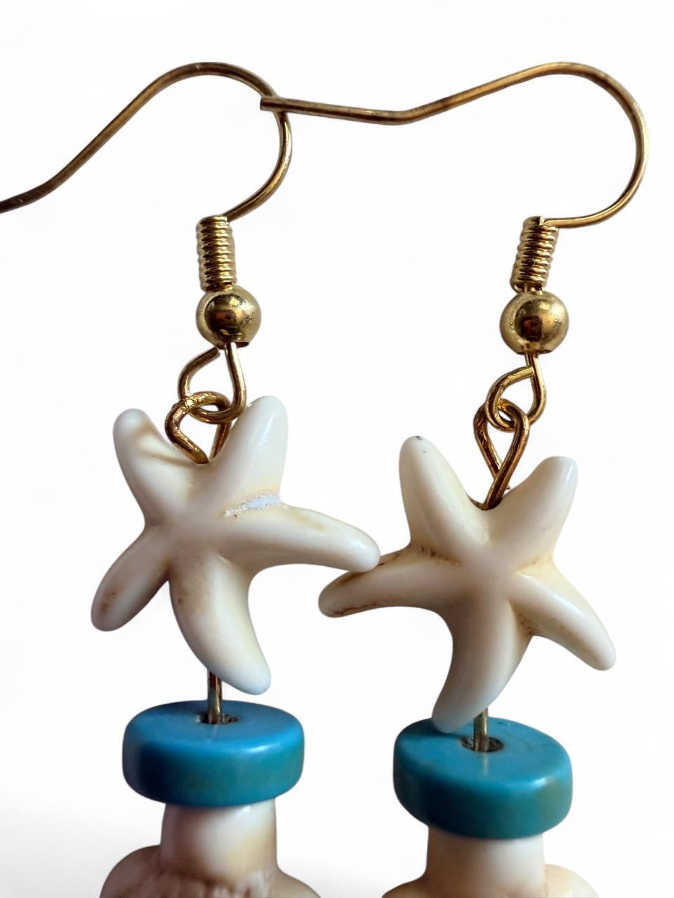 Handcrafted Cream Starfish & Sea Turtle Beaded Dangle Earrings