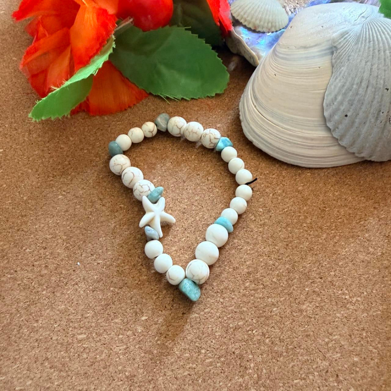Handcrafted Cream Marbled Stone & Starfish Coastal Boho Stretch Bracelet