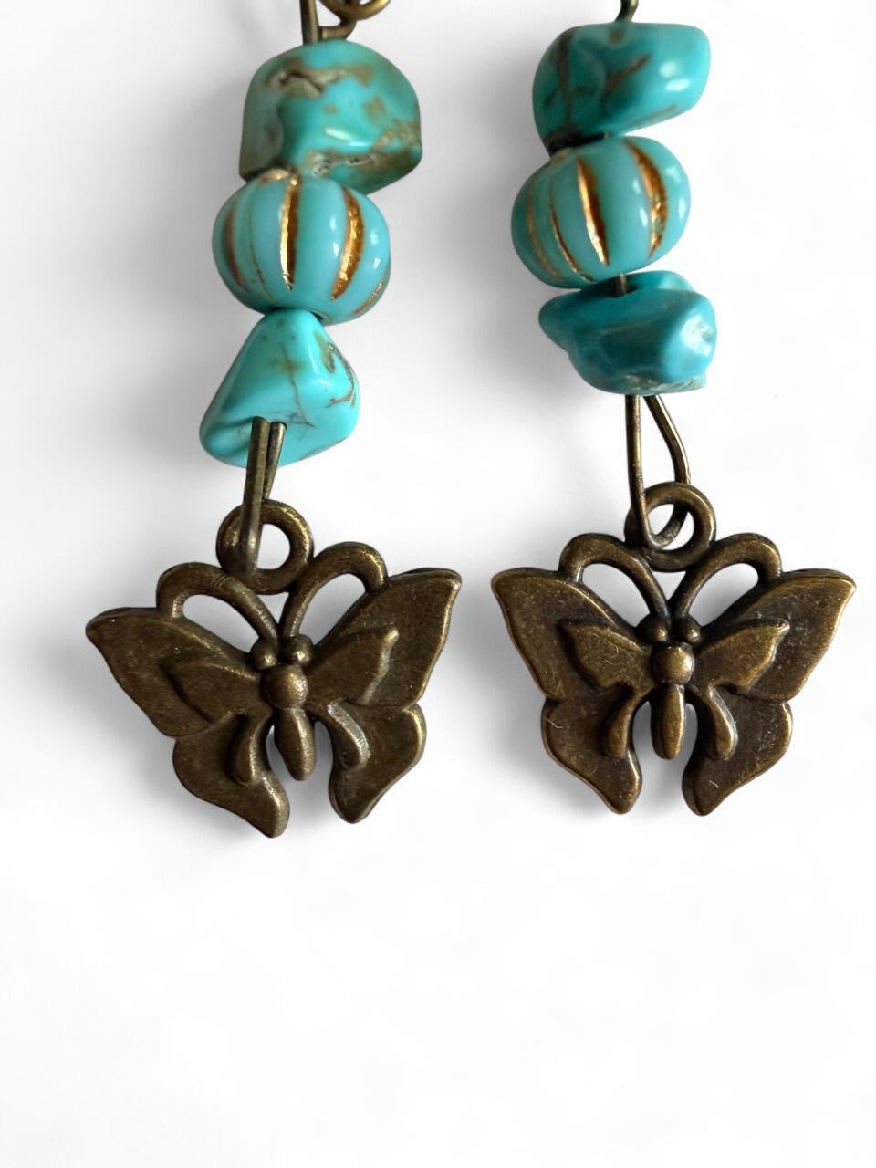 Handmade Turquoise Butterfly Dangle Earrings | Boho Bronze Jewelry