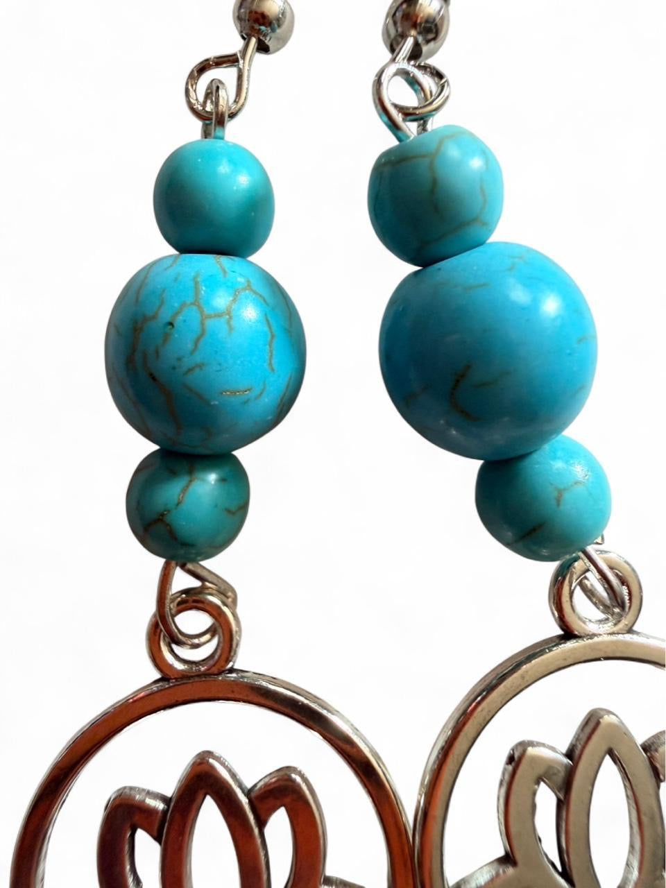 Handmade Turquoise Beaded Dangle Earring, Boho Style, Silver-Tone Lotus Charm, Nickel-Free Hooks