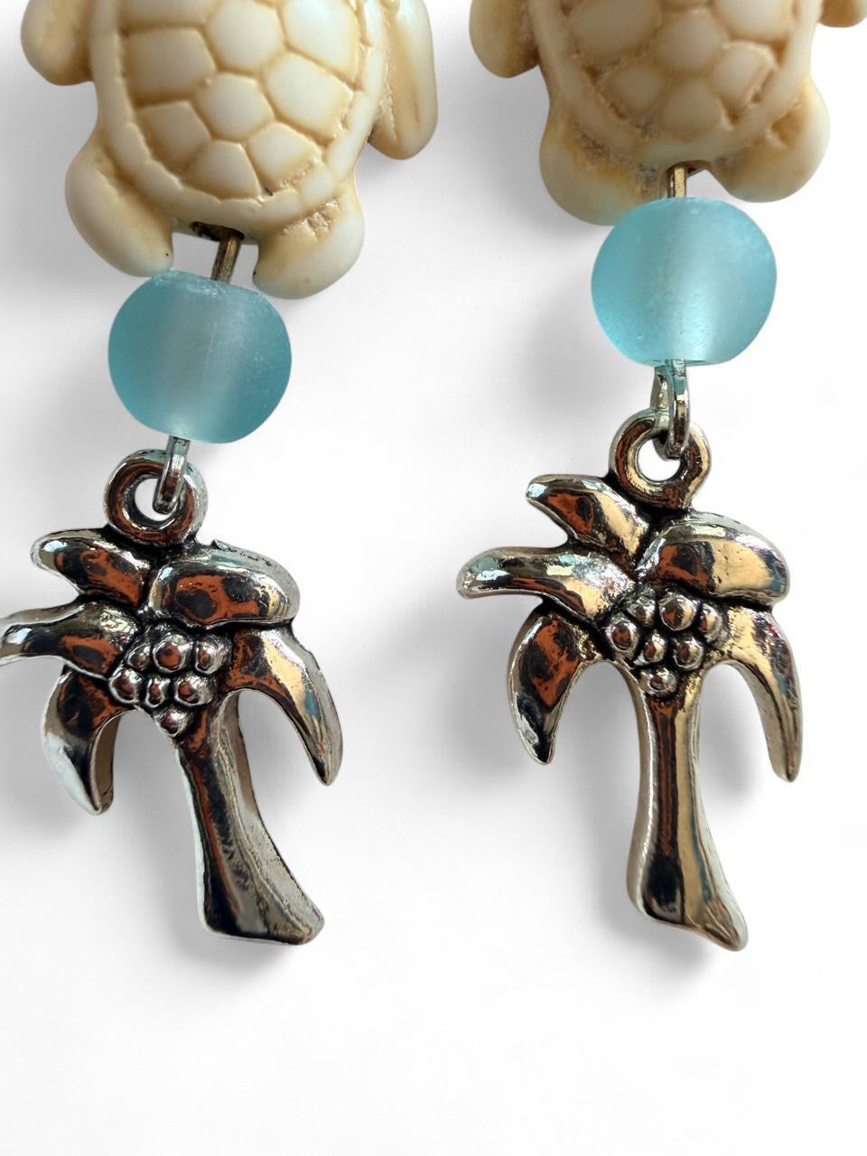 Handcrafted Coastal Sea Turtle & Palm Tree Dangle Earrings